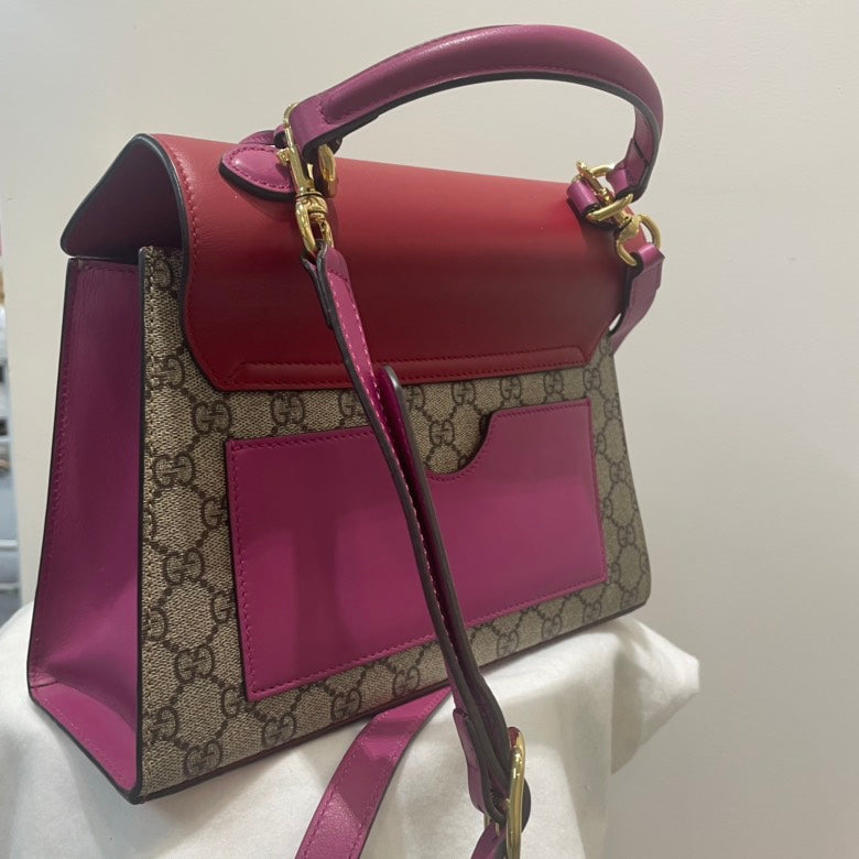 Gucci GG Supreme Padlock Top Handle Shoulder Bag,Red & Beige - ShopShops