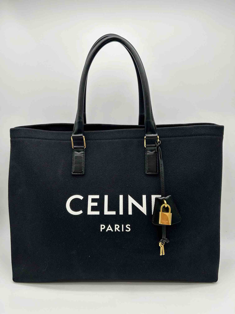 CELINE Horizontal Cabast Tote Bag, Black Canvas & Leather - ShopShops