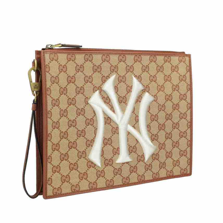 GUCCI GG Supreme Canvas NY Yankees Zip Wristlet Pouch, Brown Leather - ShopShops