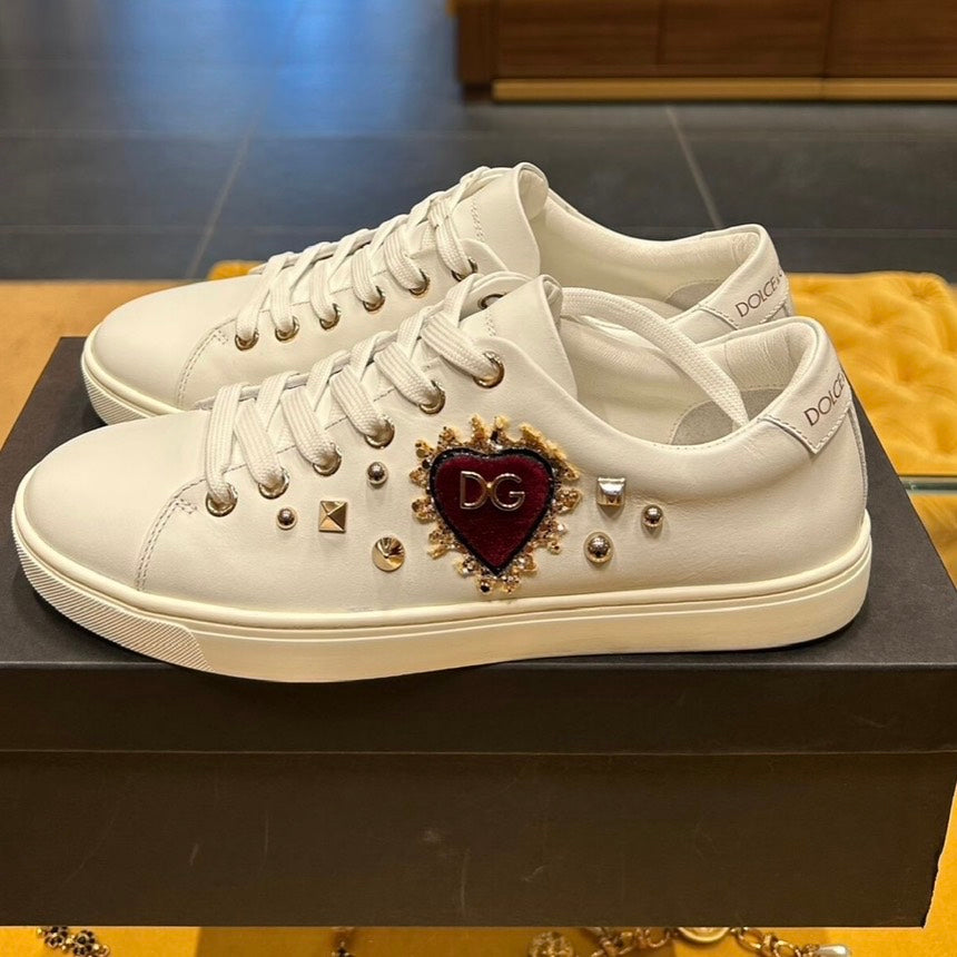 Dolce & Gabbana Shoes White Leather Gold Red Heart Sneakers - ShopShops