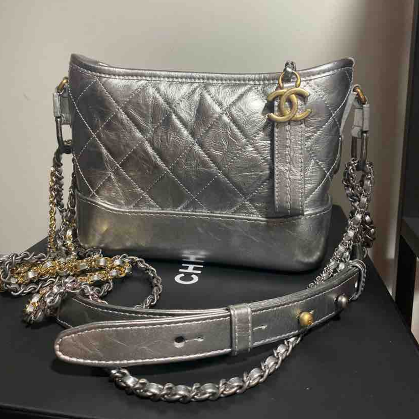 CHANEL Gabrielle Shoulder Bag, Silver Quilted Leather, Medium - ShopShops