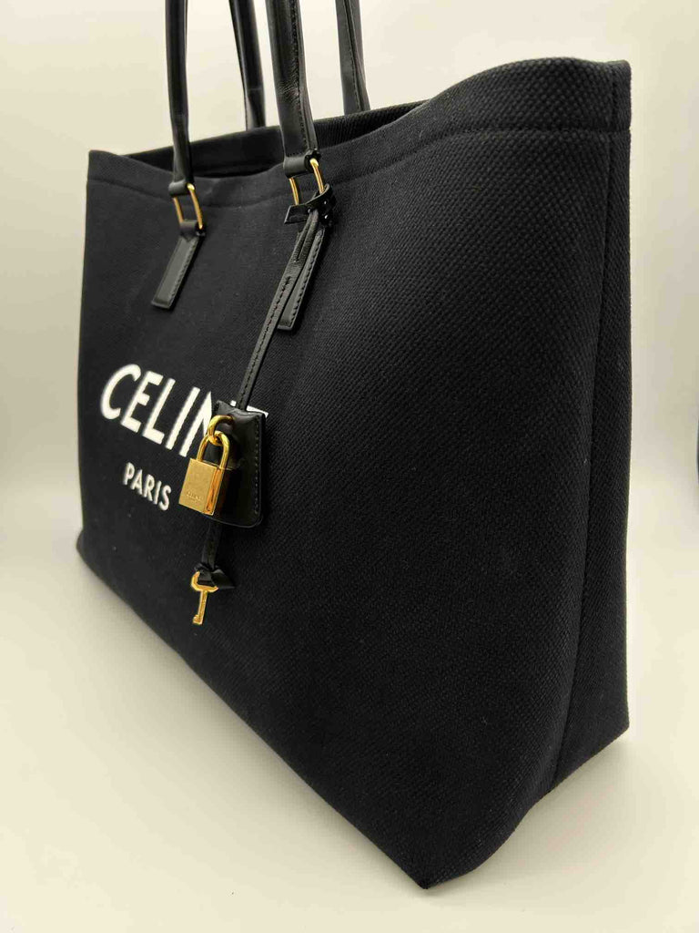 CELINE Horizontal Cabast Tote Bag, Black Canvas & Leather - ShopShops
