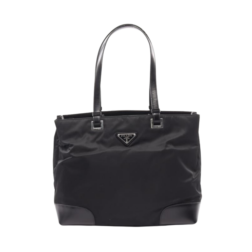 Prada Tessuto Acciaio Tote Bag, Nylon & Leather, Black - ShopShops