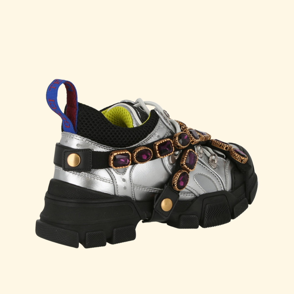 Gucci Flashtrek Chunky Leather Sneakers, Silver, Brand New - ShopShops