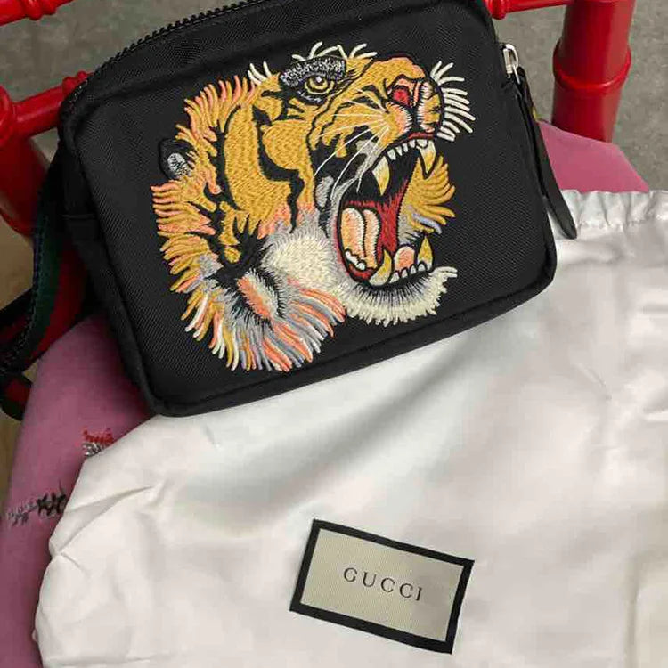 GUCCI Tiger Head Embroidered Animal Sling Crossbody Bag, Black Canvas - ShopShops