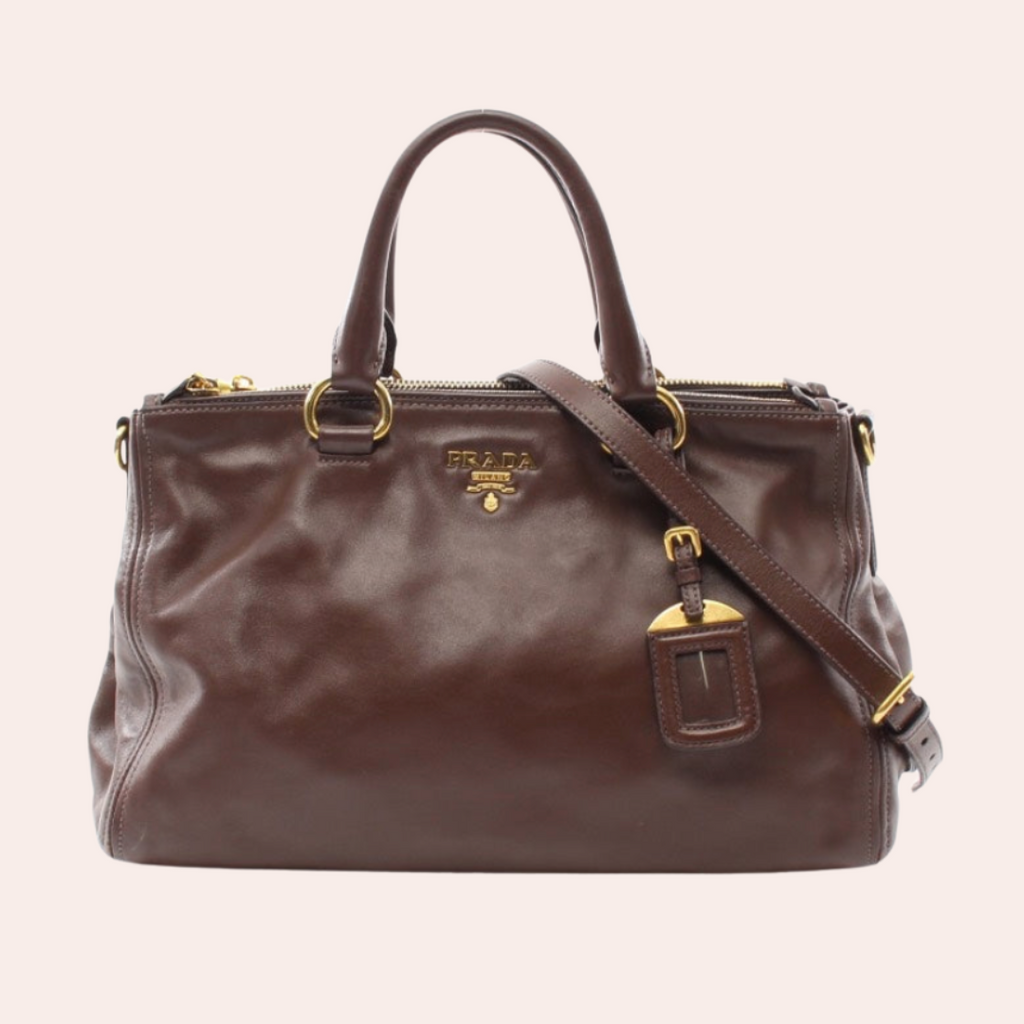 Prada Soft Calf Double Zip Tote Bag,Brown,Leather - ShopShops