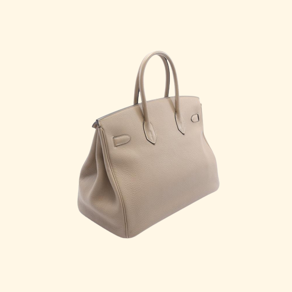 Hermès Birkin 35 Tourtiere Gray Handbag Clemence Leather Gray Beige Silver Hardware - ShopShops