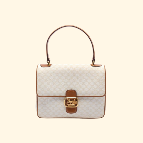 Celine Macadam Handbag PVC Leather White Light Brown Carriage Fittings - ShopShops