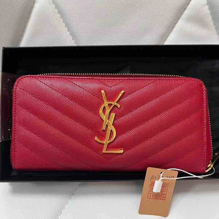 YSL Classic Monogram Zip Around Matelasse Chevron Wallet, Red Leather - ShopShops