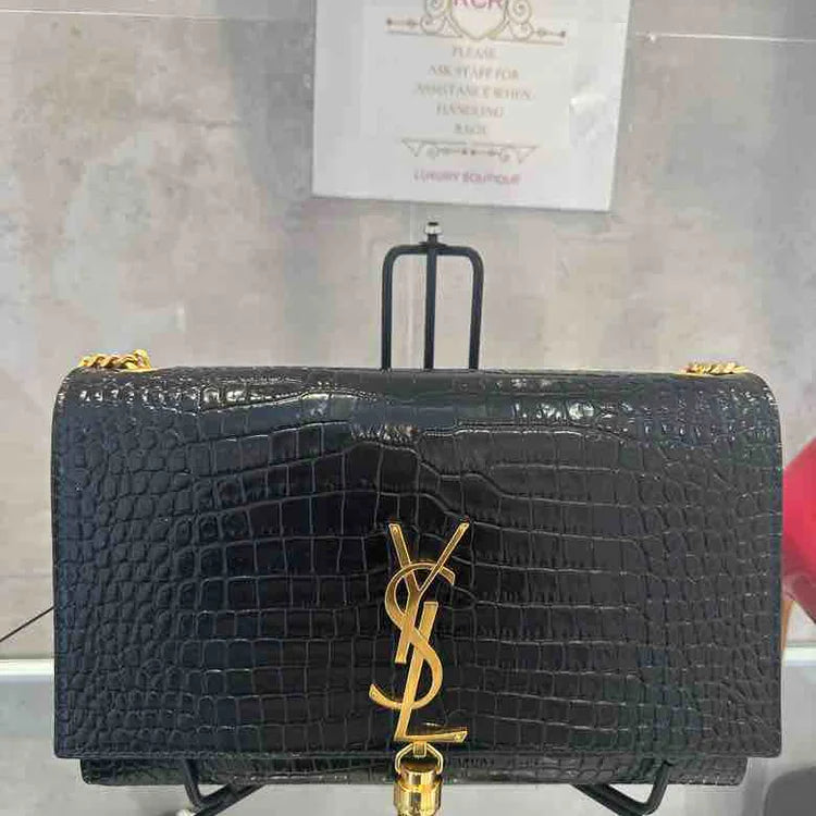 YSL Kate Croc-Embossed Wallet on Chain, Black Calf Leather - ShopShops