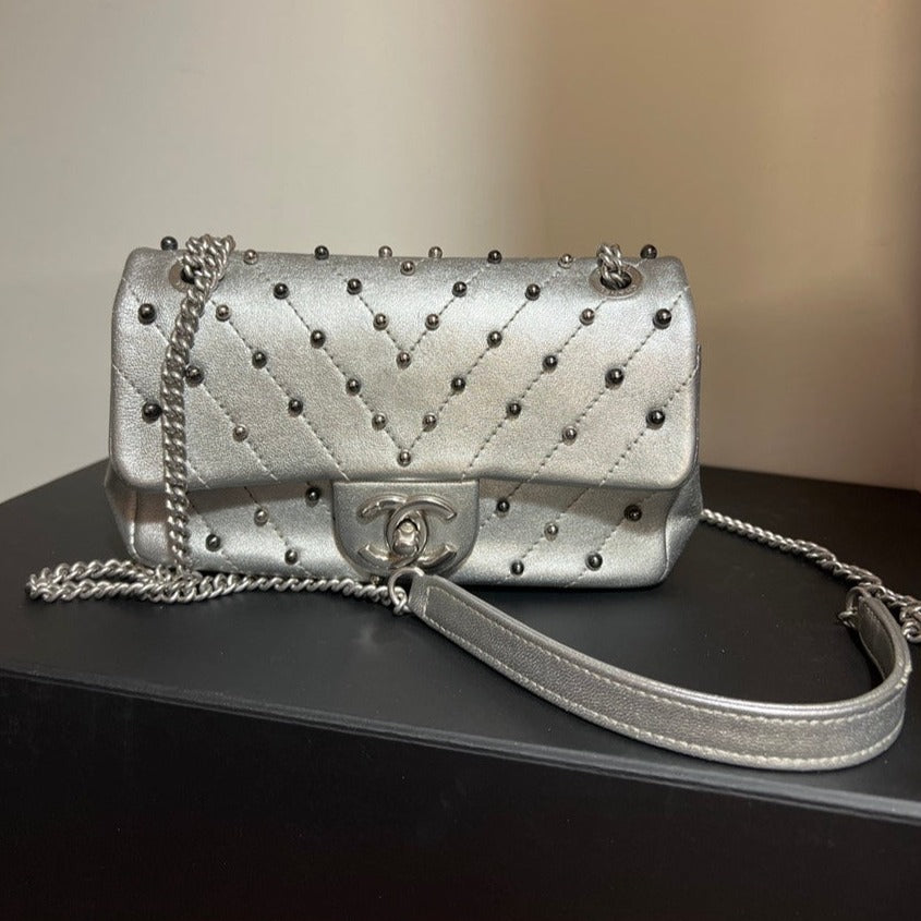 Preloved Chanel Silver Studs Mini CF Bag - ShopShops