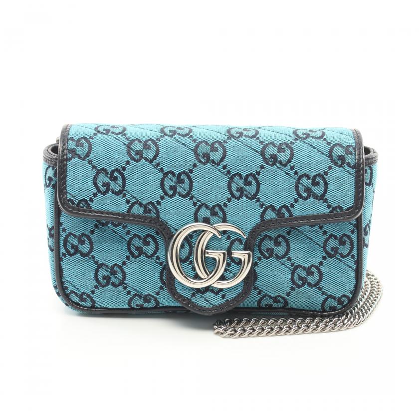 Gucci GG Marmont Super Mini Bag Chain Shoulder Bag Canvas Leather Blue Black 864708 - ShopShops