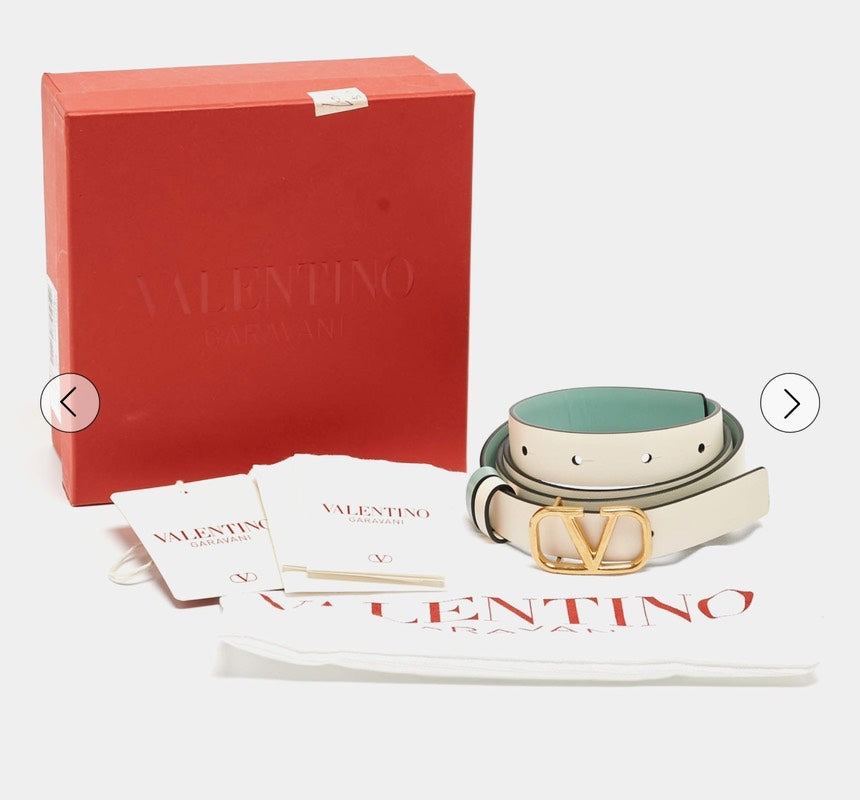 Valentino Mint Green/Cream Leather Vlogo Reversible Slim Belt 85 Cm 935770 - ShopShops
