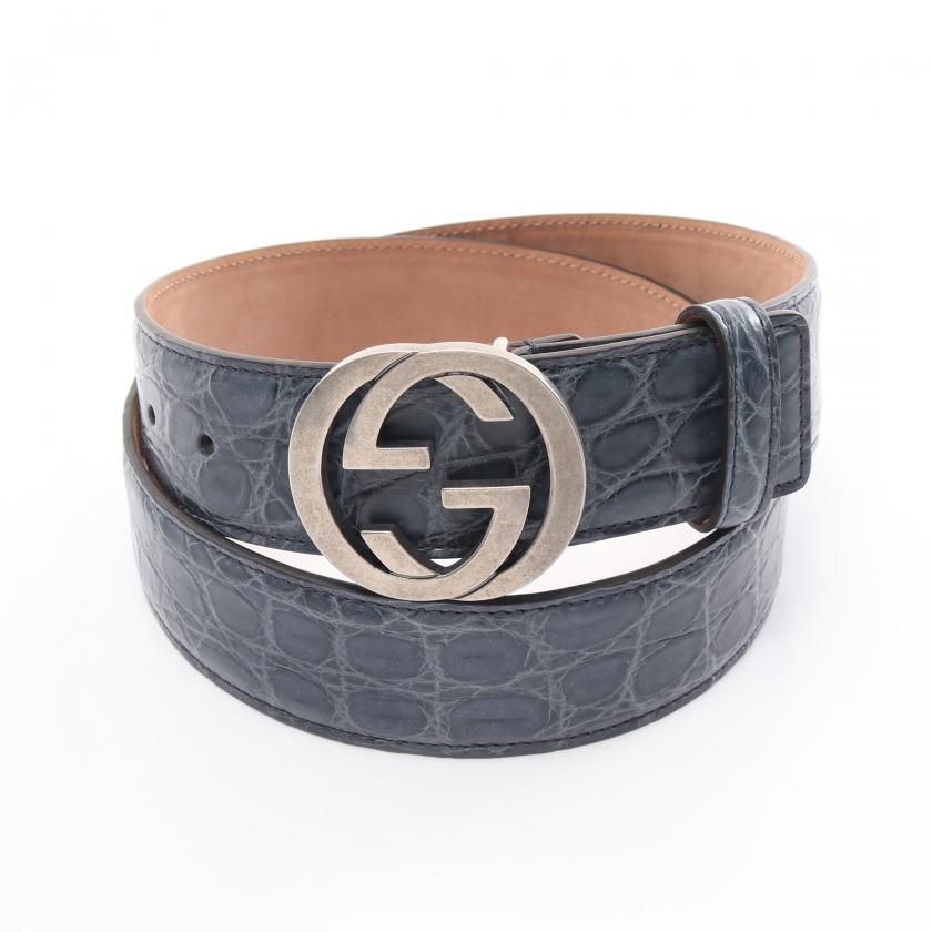 Pre-Loved Gucci Interlocking G Belt Leather Navy Croc Embossed 885063 - ShopShops