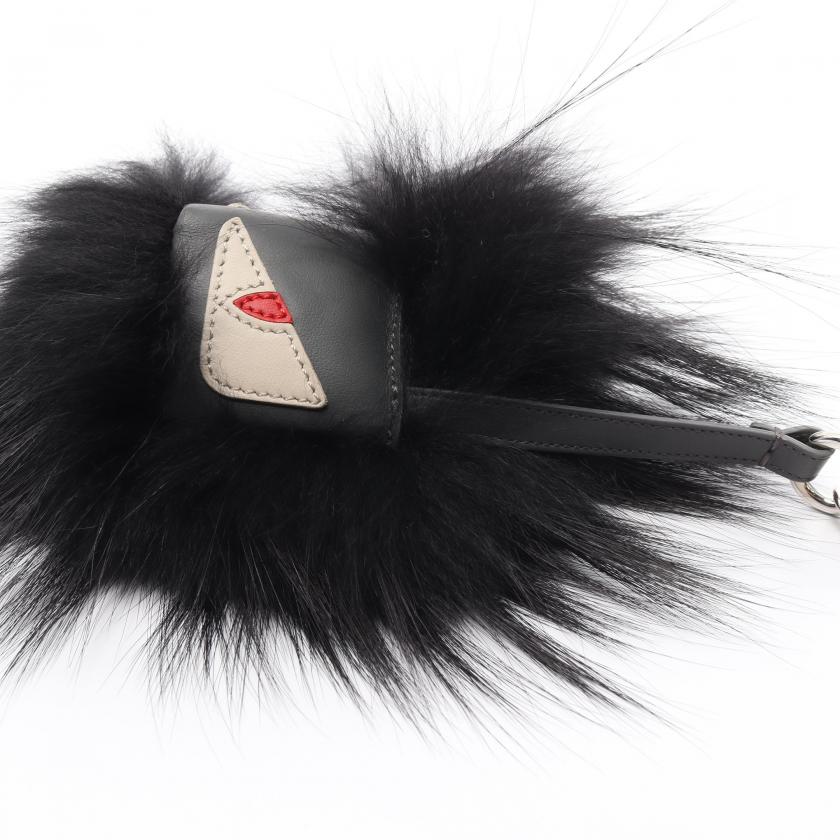 Pre-Loved Fendi Bag Bugs Monster Bag Charm Key Ring Fur Leather Black Gray 885059 - ShopShops
