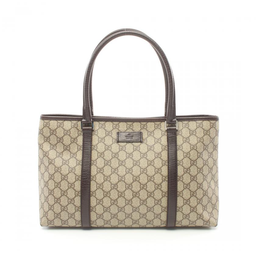 Pre-Loved Gucci GG Supreme Handbag Tote Bag Pvc Leather Beige Dark Brown 887304 - ShopShops
