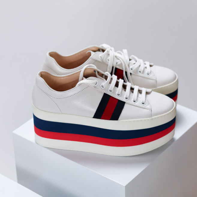 Gucci Sylvie Web Accent Leather Wedge Sneakers - ShopShops