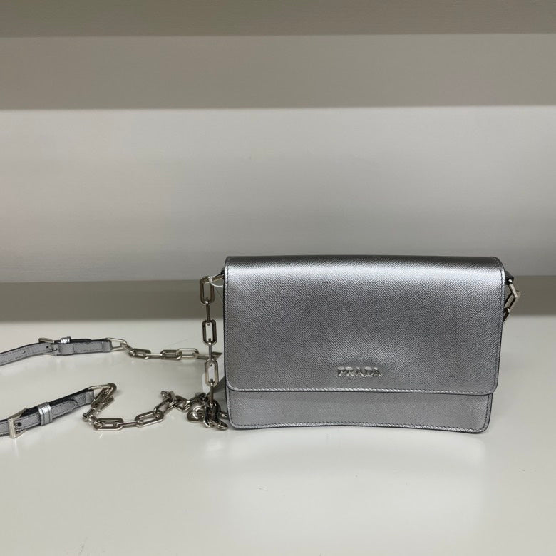 Prada Saffiano Leather Crossbody Bag,Silver - ShopShops