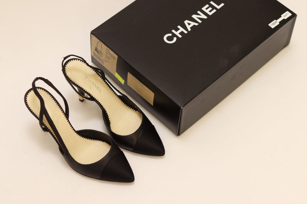 Y3-18_Chanel 36.5 Black Sling Back In Leather With Satin Tip And Pearl On Heel Preloved Heels - ShopShops