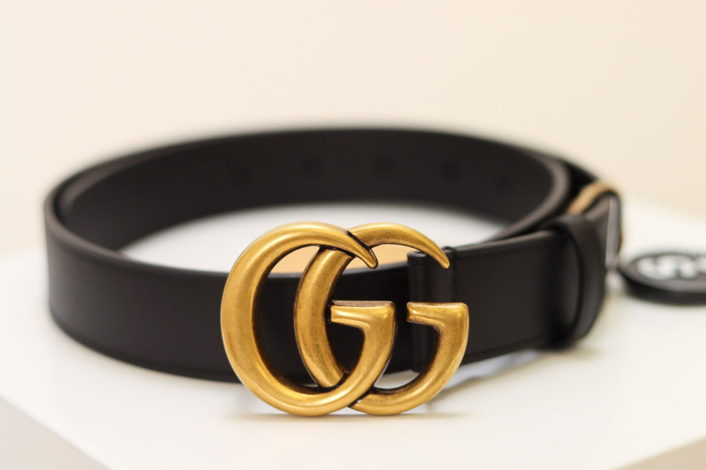 Gucci Black Leather Belt With Marmont Double G Buckle, Brand New - ShopShops
