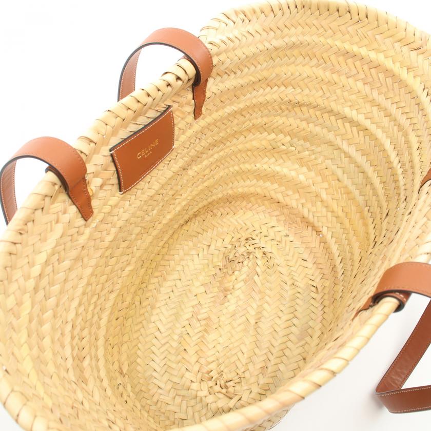 Celine Medium Triomphe Basket Basket Bag Shoulder Bag Raffia Leather Beige Brown 865108 - ShopShops