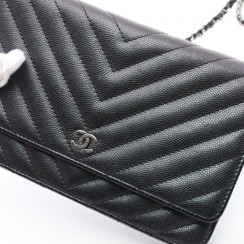Chanel V-Stitch Chain Shoulder Bag Caviar Skin Black Silver Hardware - ShopShops