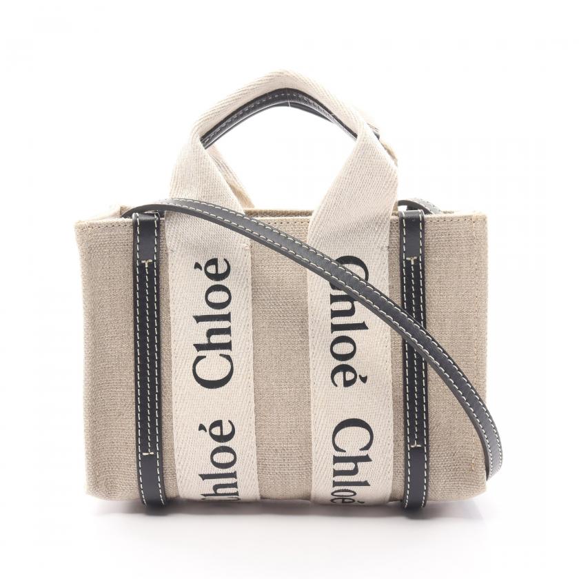 Chloe Woody Mini Tote Bag Shoulder Bag Canvas Leather Beige Black 2way 875307 - ShopShops