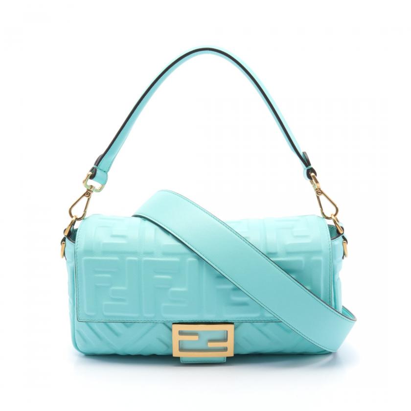 Fendi Baguette Handbag Leather Turquoise Blue 2way - ShopShops
