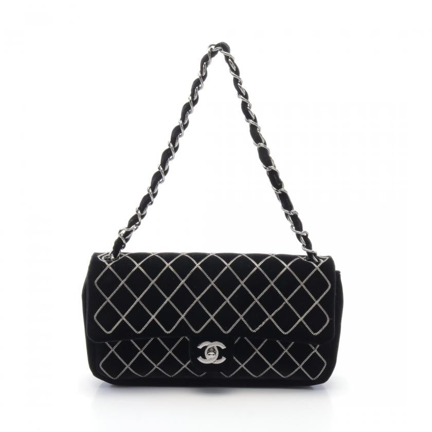 Chanel Matelasse Chain Shoulder Bag Velor Black Silver Hardware 880337 - ShopShops