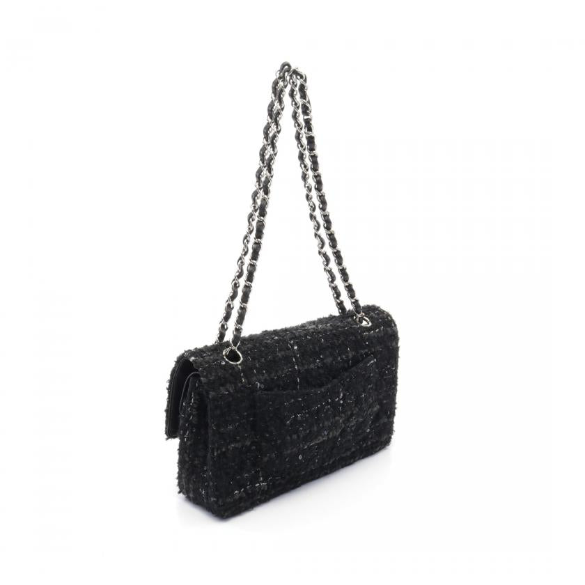 Chanel Matelasse W Flap W Chain Shoulder Bag Tweed Black Silver Hardware 880338 - ShopShops