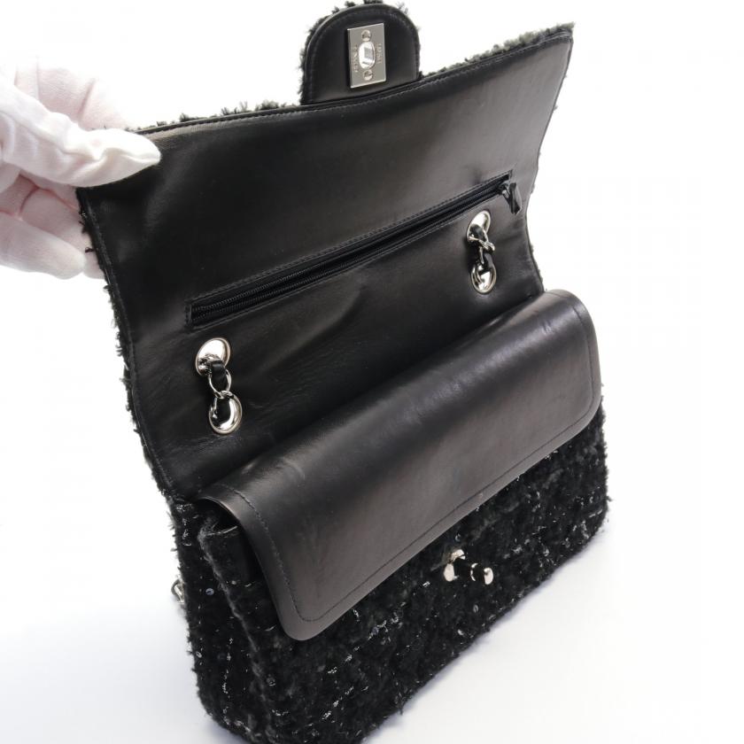 Chanel Matelasse W Flap W Chain Shoulder Bag Tweed Black Silver Hardware 880338 - ShopShops