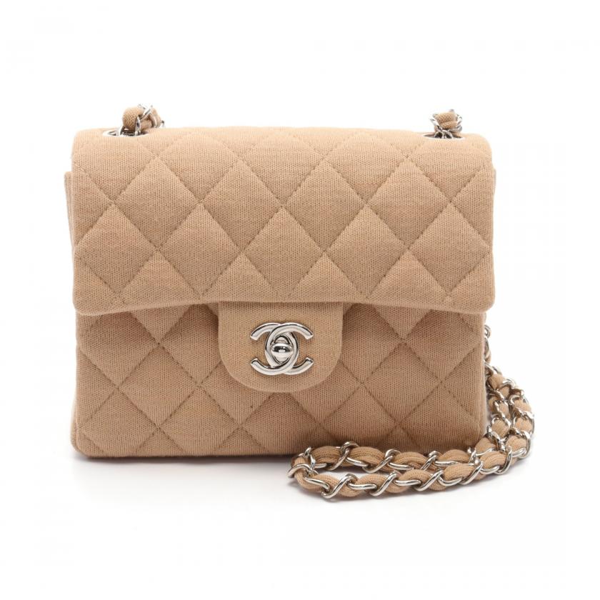 Chanel Mini Matelasse Chain Shoulder Bag Cotton Jersey Beige Silver Hardware 880341 - ShopShops