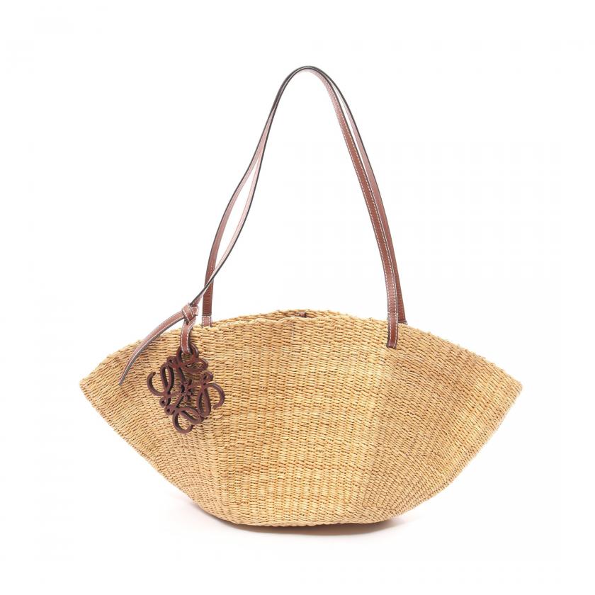 Loewe Shell Basket Bag Small Basket Bag Shoulder Bag Elephant Grass Leather Beige Brown 876569 - ShopShops