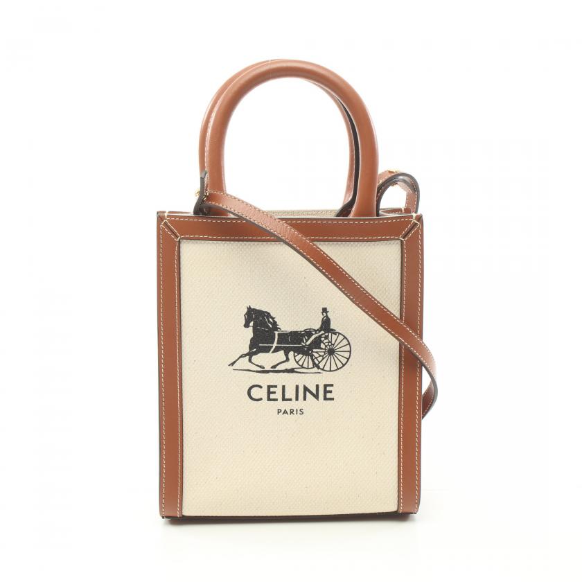 Celine Mini Vertical Cabas Salkey Handbag Canvas Leather Ivory Brown 2way 876573 - ShopShops