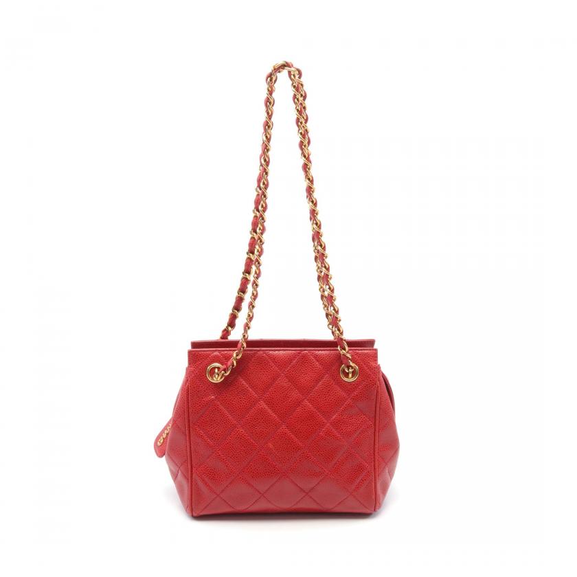 Chanel Matelasse W Chain Shoulder Bag Caviar Skin Red Gold Hardware 879731 - ShopShops