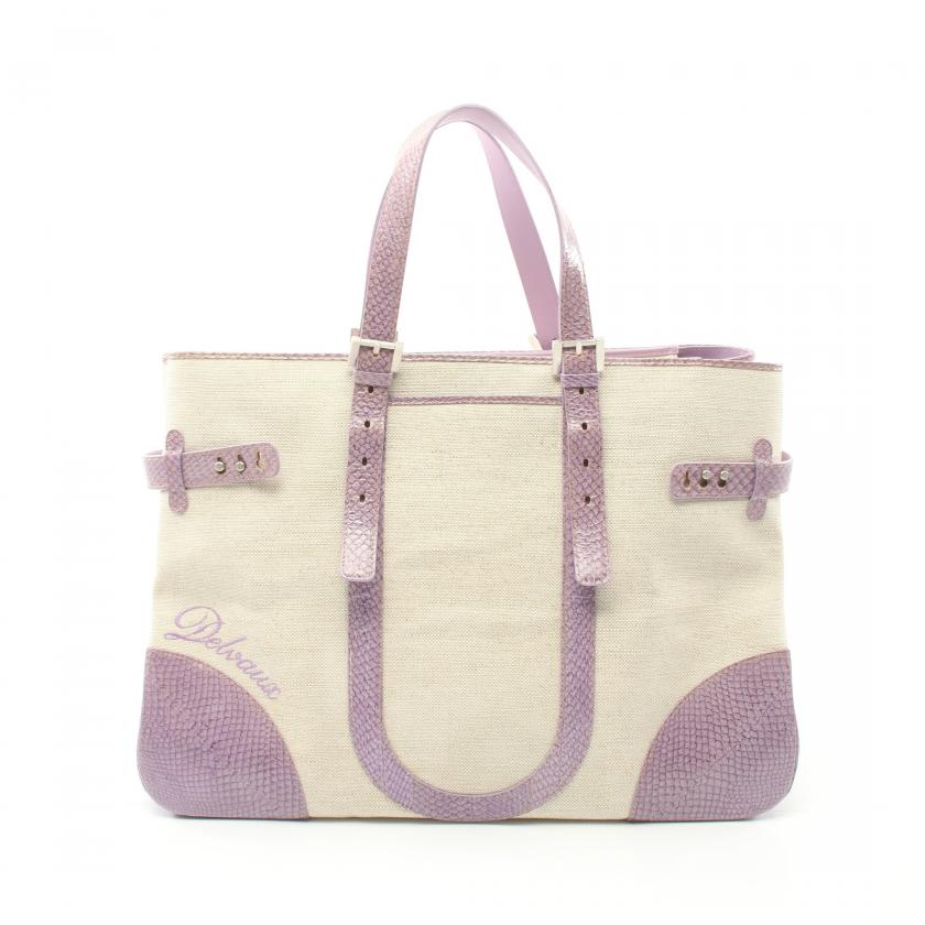 Delvaux Shoulder Bag Tote Bag Canvas Leather Beige Purple Python Embossed - ShopShops