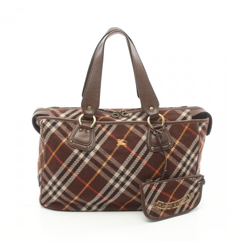 Burberry Blue Label Handbag Tote Bag Check Wool Leather Dark Brown Multicolor - ShopShops