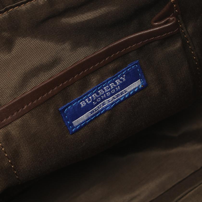 Burberry Blue Label Handbag Tote Bag Check Wool Leather Dark Brown Multicolor - ShopShops