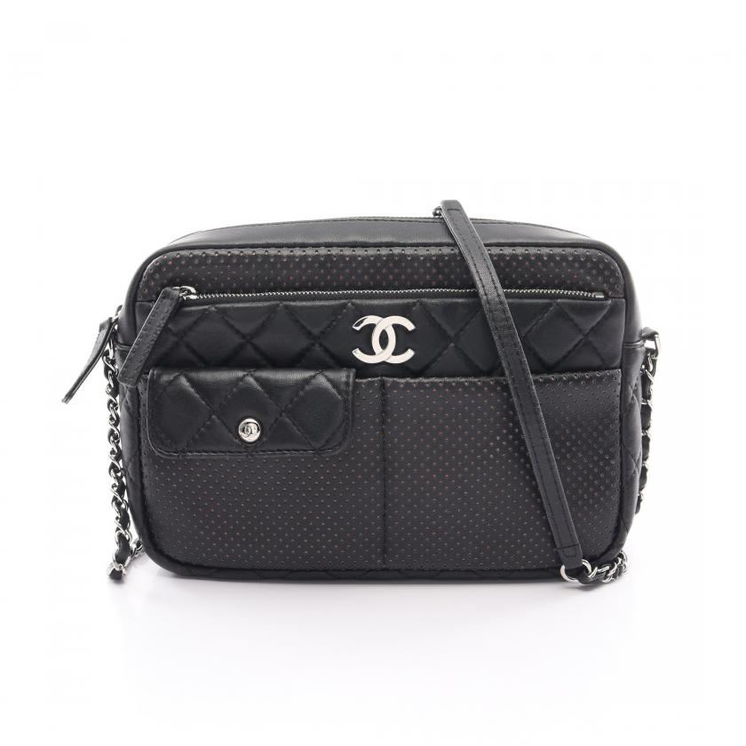 Chanel Matelasse Chain Shoulder Bag Lambskin Black Silver Hardware Punching - ShopShops