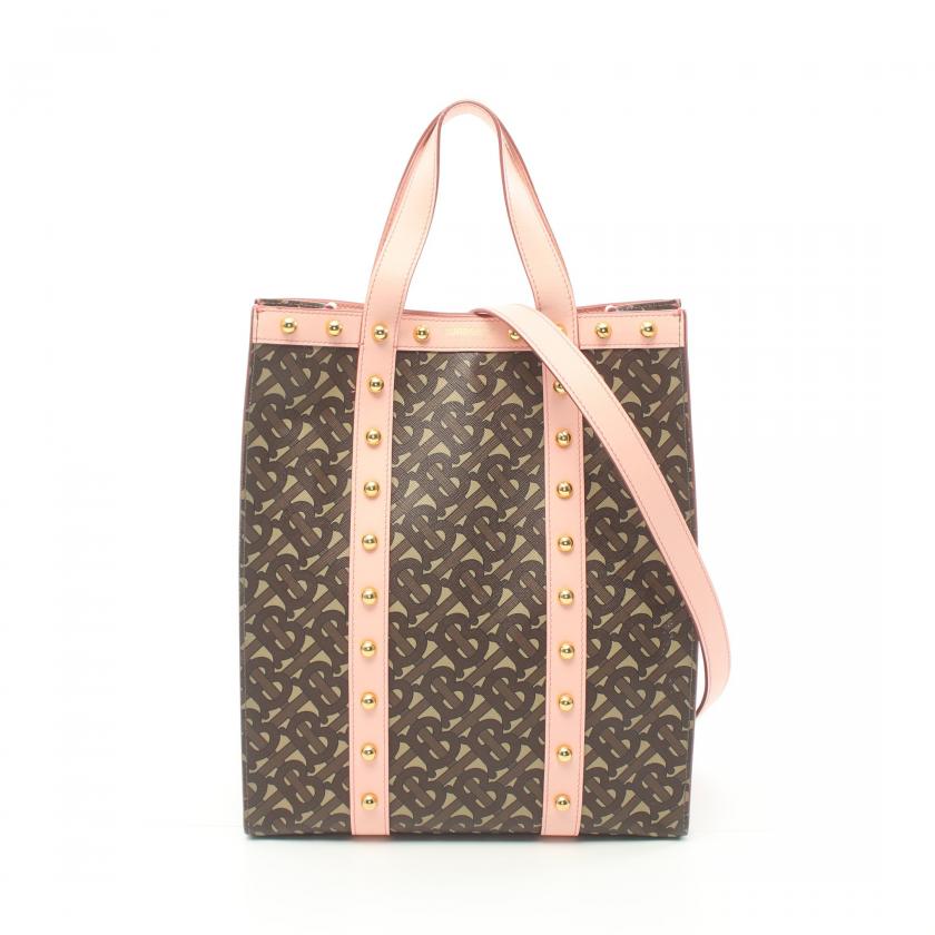 Burberry Tb Monogram Handbag Tote Bag PVC Leather Brown Pink 2way 881598 - ShopShops