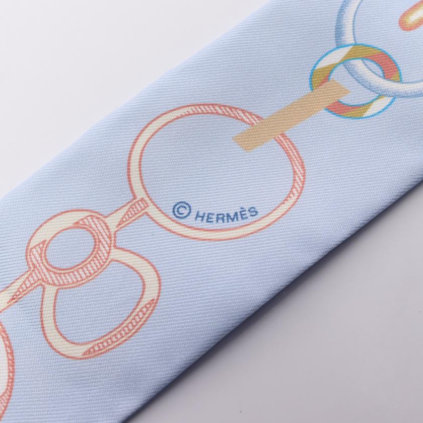 Hermes Twilly Do Re Boucles Ribbon Scarf Silk Light Blue Multicolor 881372 - ShopShops