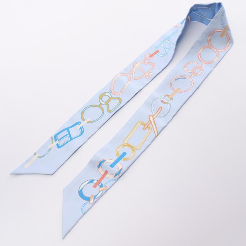 Hermes Twilly Do Re Boucles Ribbon Scarf Silk Light Blue Multicolor 881372 - ShopShops