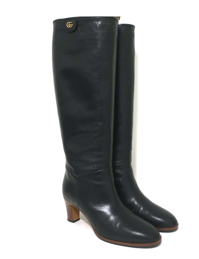 Y3-68_Gucci Piuma Lux Knee High Mid-Heel Boots Black Leather Size 39 - ShopShops